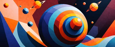 Abstract Geometric Space Scene With Planets And Rings