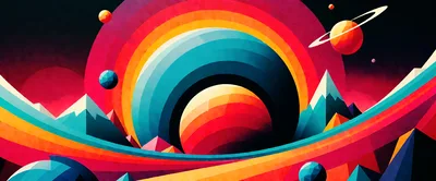 Abstract Retro Space Landscape With Colorful Planets