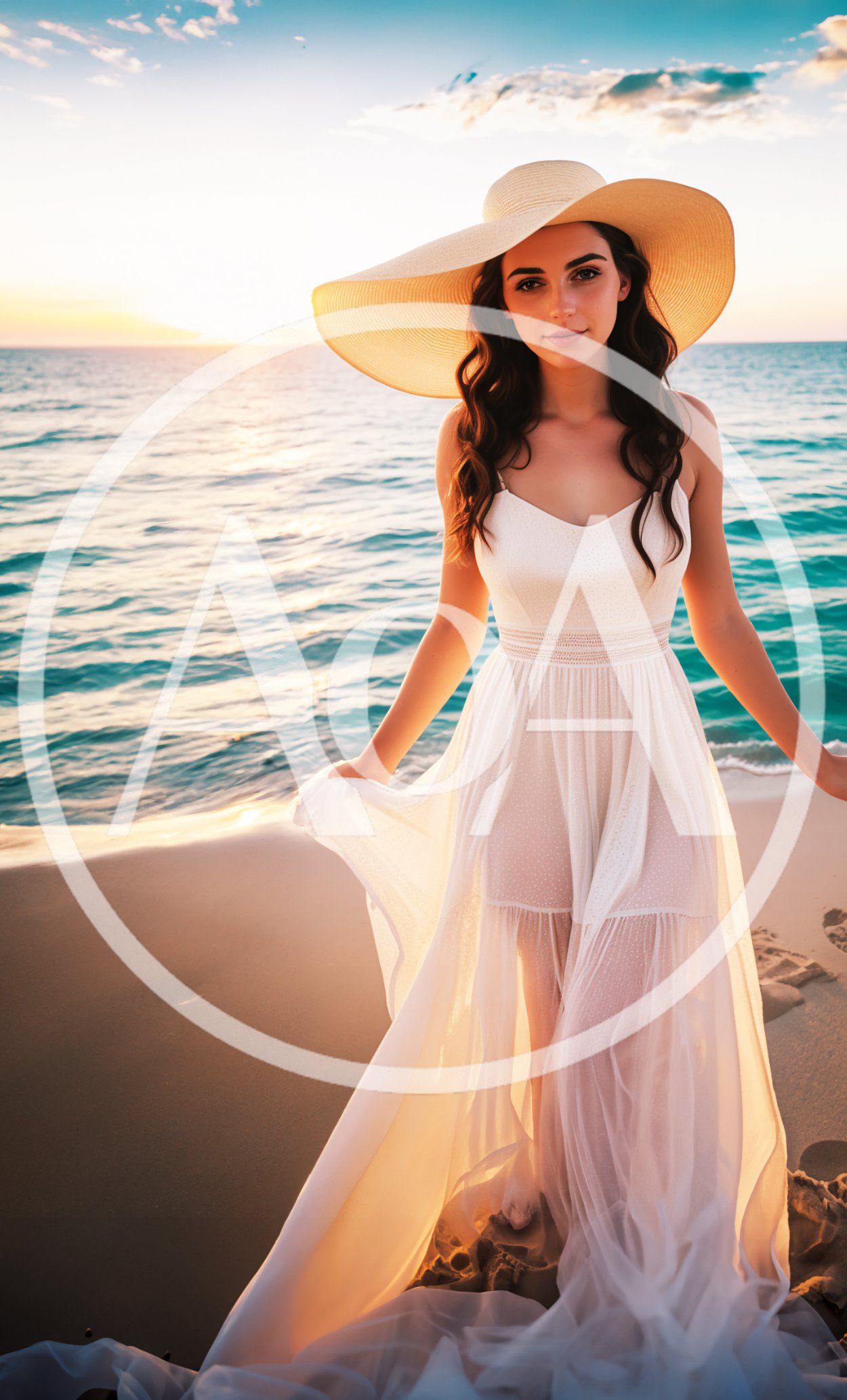 Young Woman Walking Along Beach In White Dress