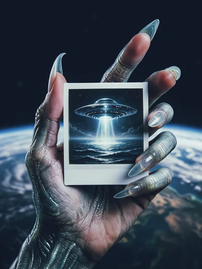 Alien Hand Holding A Polaroid Of A UFO