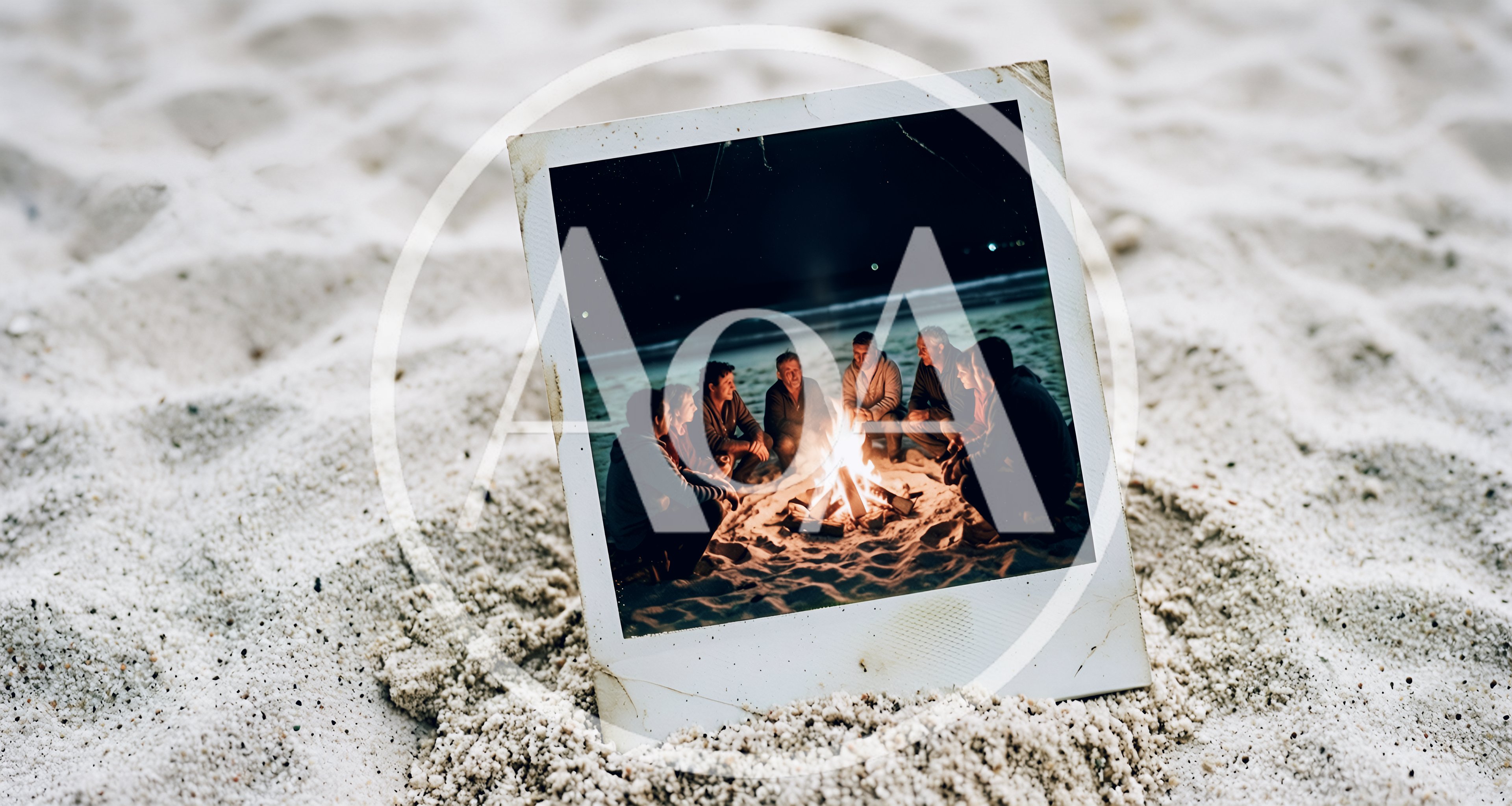Polaroid Photo Of Friends Sitting Around A Beach Bonfire