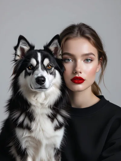 Portrait Of A Young Woman With Her Husky Dog