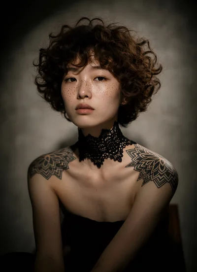 Portrait Of A Young Woman With Tattoos And Choker