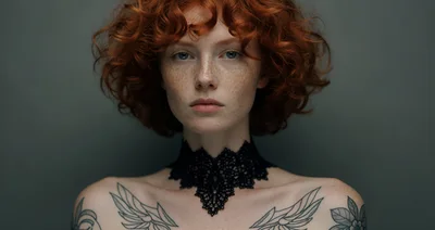 Portrait Of A Redheaded Woman With Tattoos And Choker