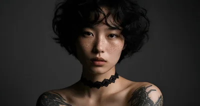Portrait Of A Young Woman With Freckles And Tattoos