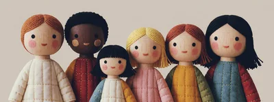 Group Of Six Wooden Dolls With Fabric Clothing