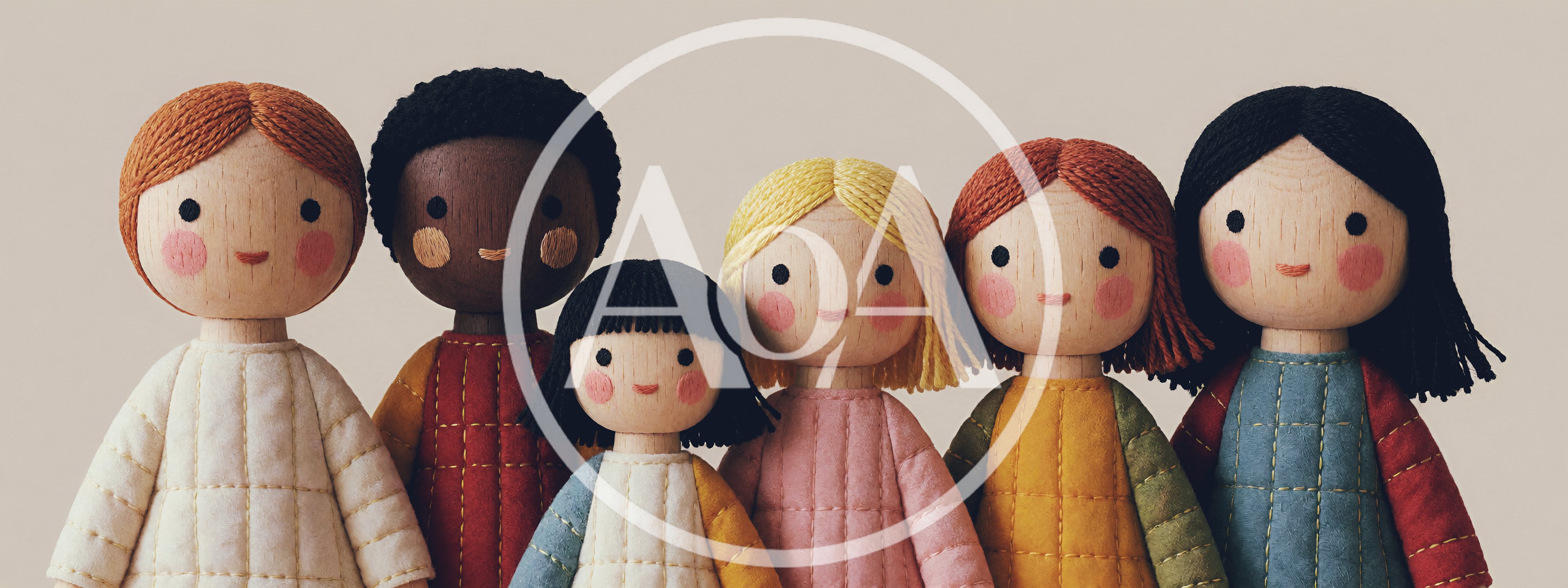 Group Of Six Wooden Dolls With Fabric Clothing