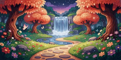 Enchanted Forest Waterfall With Stepping Stone Path