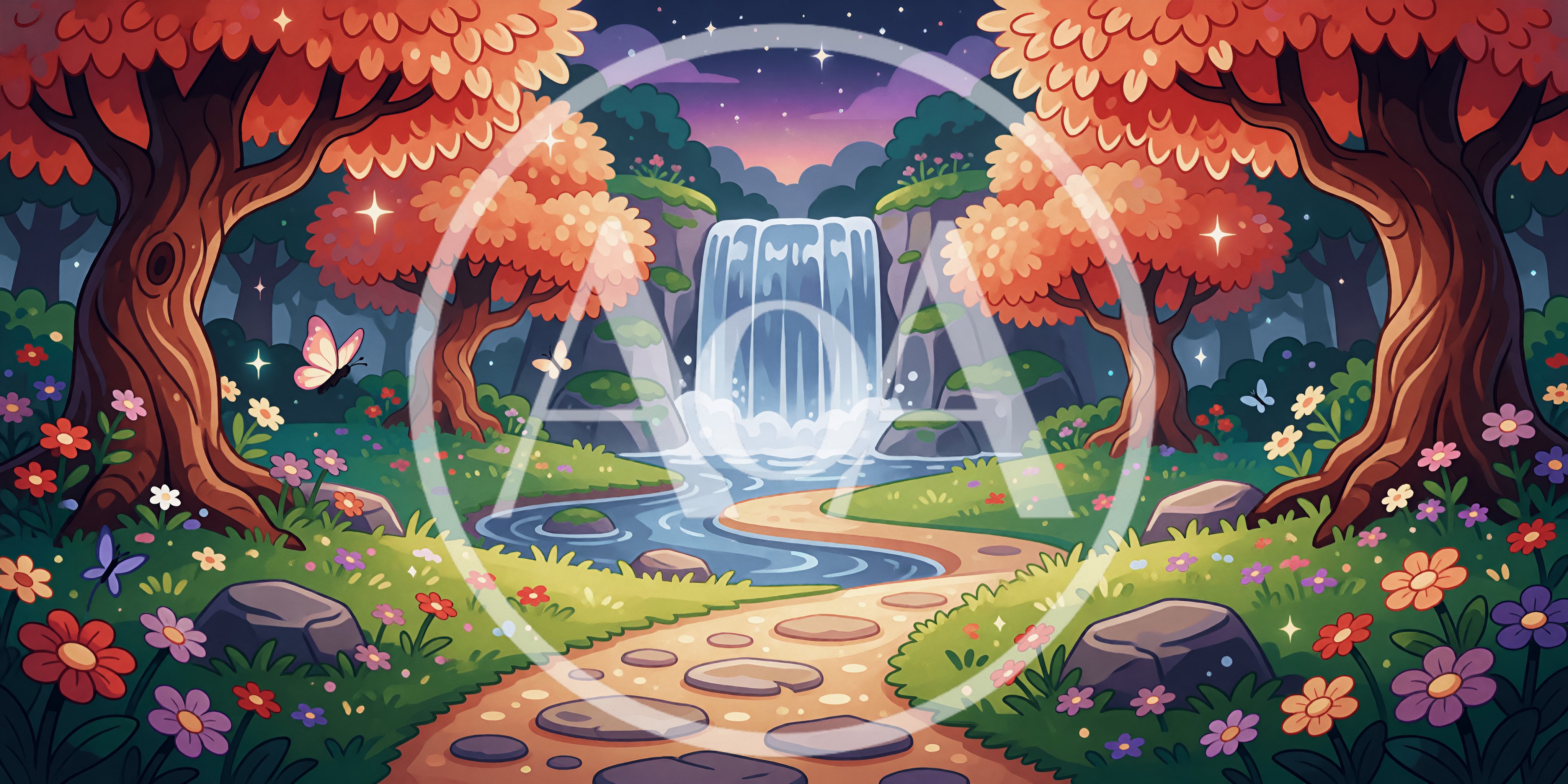 Enchanted Forest Waterfall With Stepping Stone Path