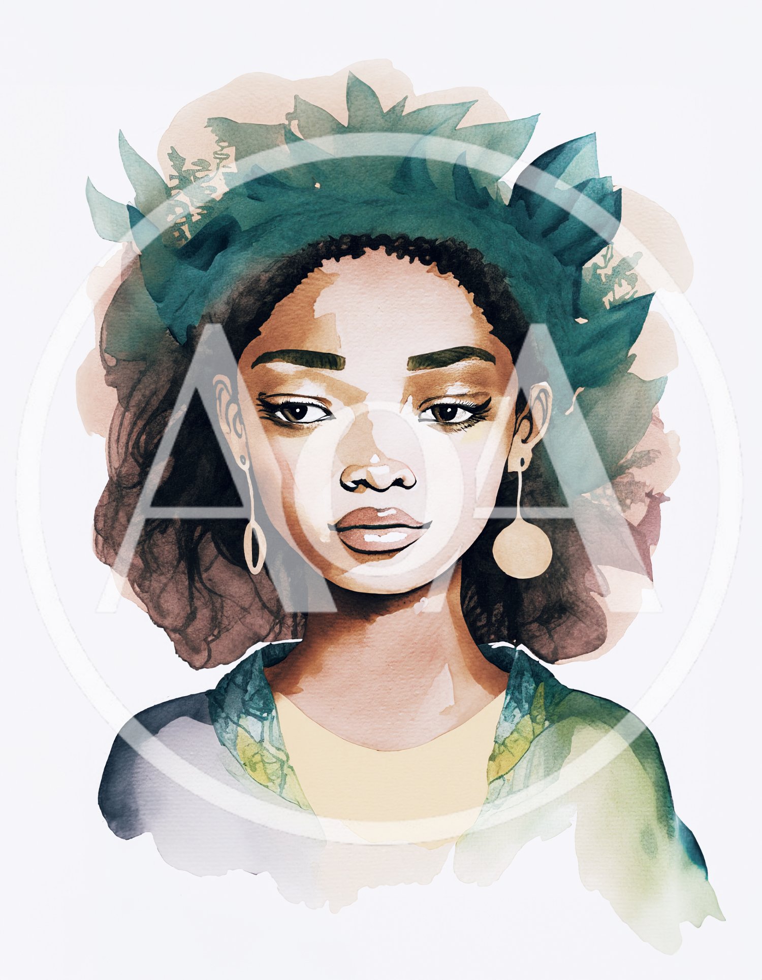 Watercolor Portrait Of A Young Woman With Floral Crown