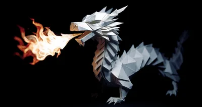 Origami Dragon Breathing Fire Against Black Background
