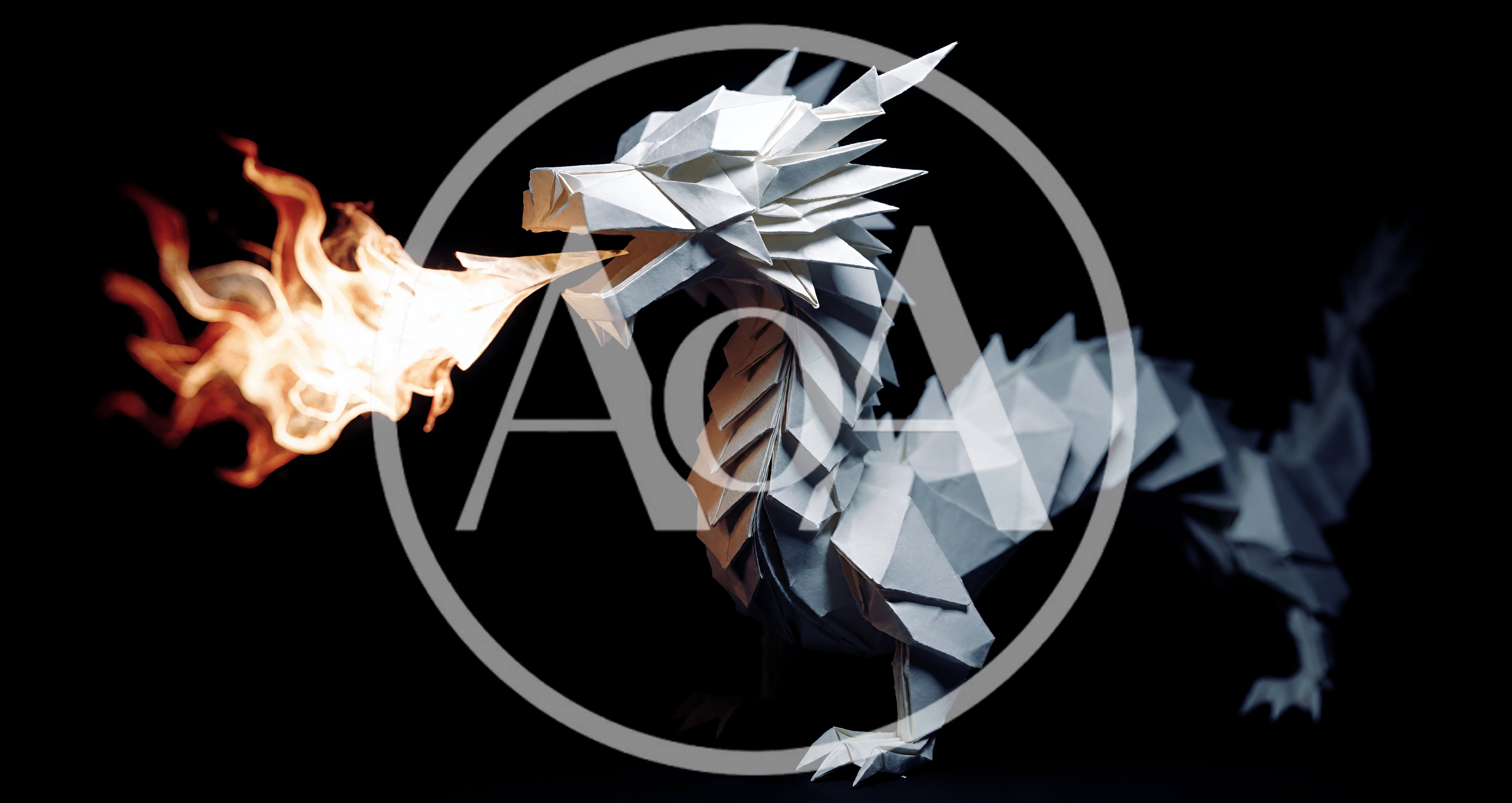 Origami Dragon Breathing Fire Against Black Background