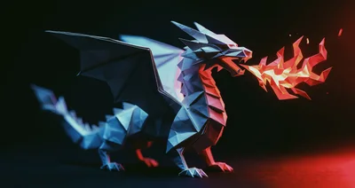 Origami Dragon Breathing Fire With Cinematic Lighting