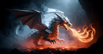 Origami Paper Dragon Breathing Fire In Dark Cave