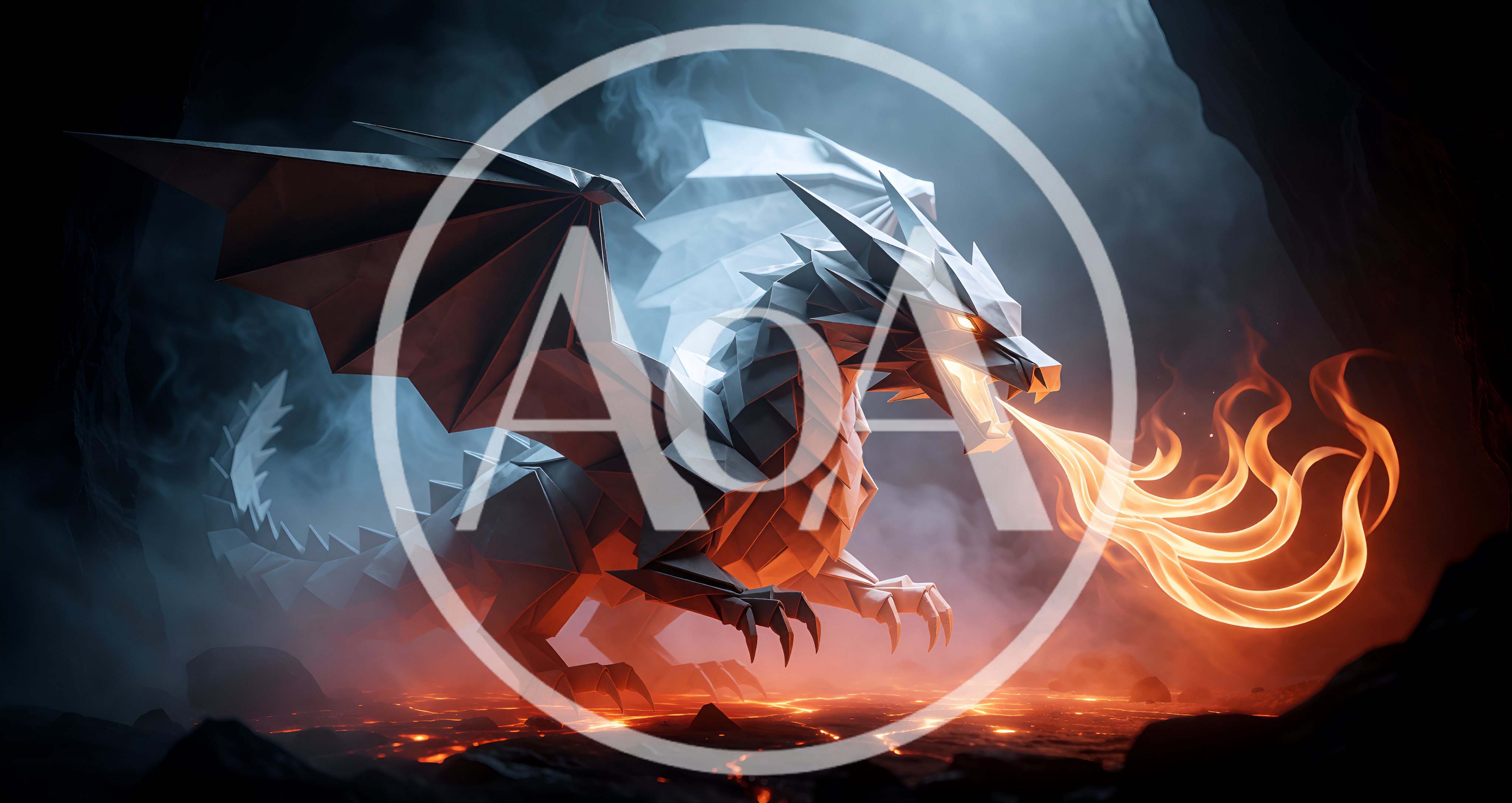 Origami Paper Dragon Breathing Fire In Dark Cave