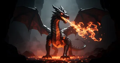 Low Poly Black Dragon Breathing Fire In Volcanic Cave