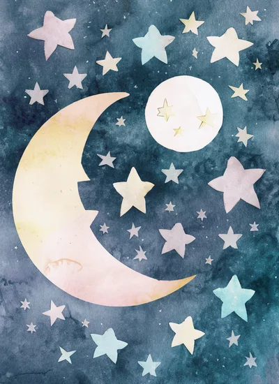 Watercolor Illustration of Crescent Moon and Stars