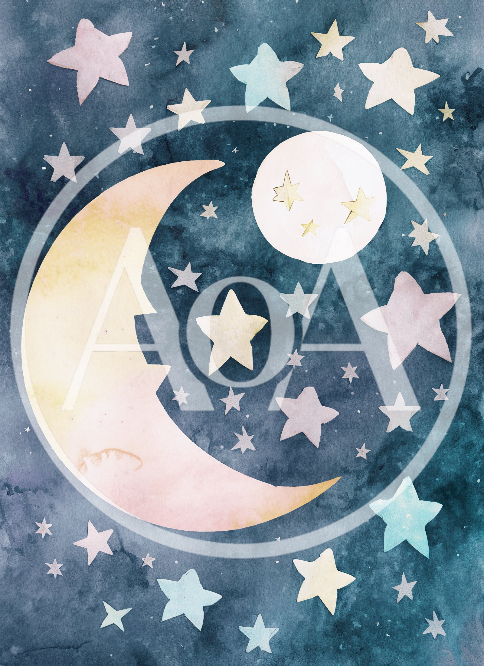Watercolor Illustration of Crescent Moon and Stars