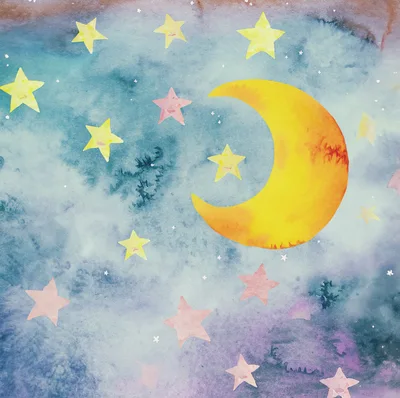 Watercolor Illustration Of A Crescent Moon And Stars