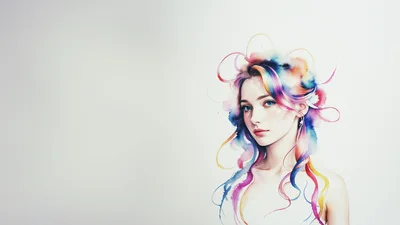 Watercolor Portrait Of A Young Woman With Colorful Hair