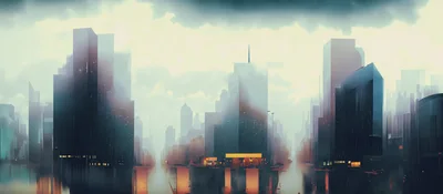 Abstract Digital Illustration Of A Rainy Futuristic Cityscape