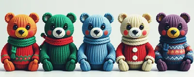 Five Knitted Teddy Bears In A Row
