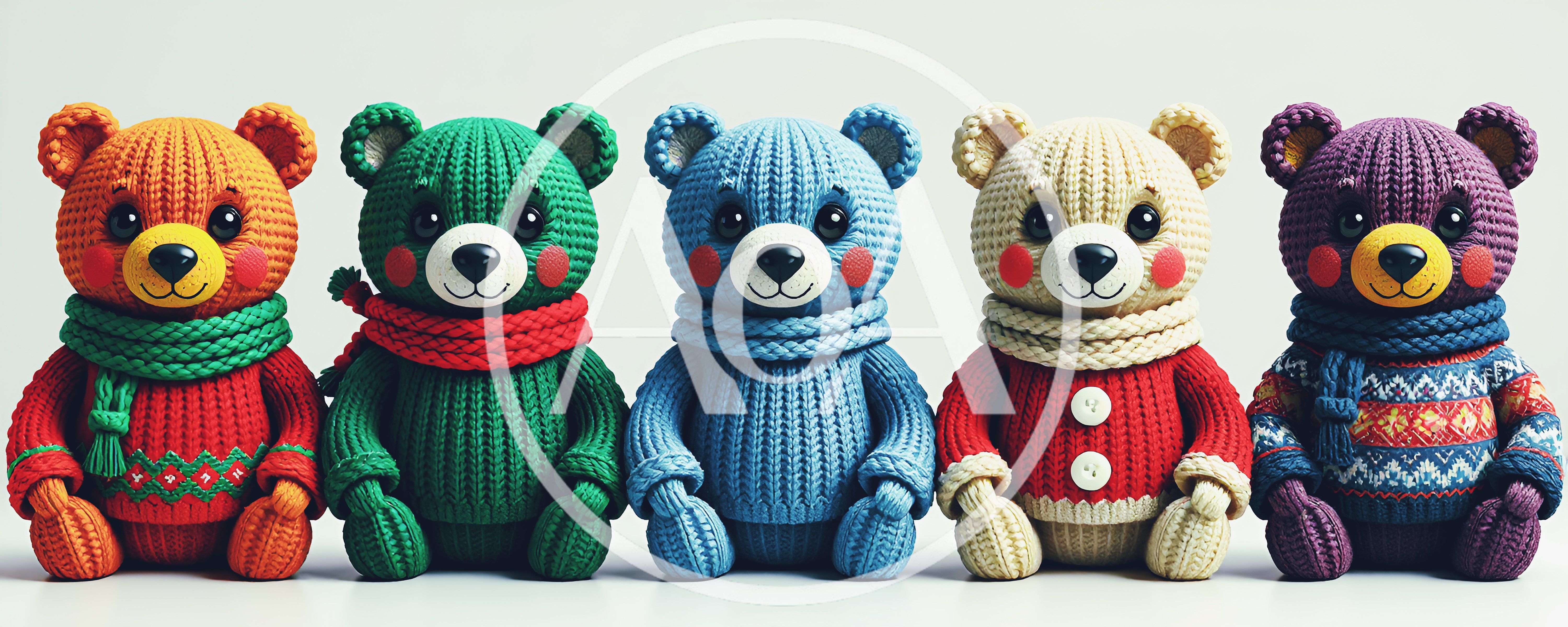 Five Knitted Teddy Bears In A Row
