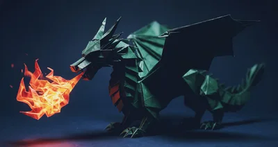 Origami Green Dragon Breathing Fire