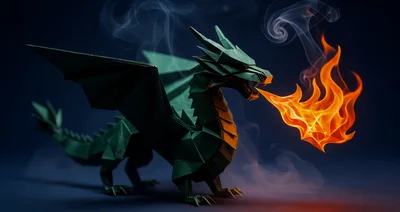 Origami Dragon Breathing Fire With Smoke Effects