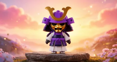 Cute Chibi Samurai Figurine Standing on Stone Pedestal