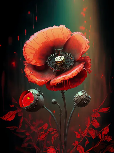 Surreal Mechanical Poppy Flower With Clockwork Center