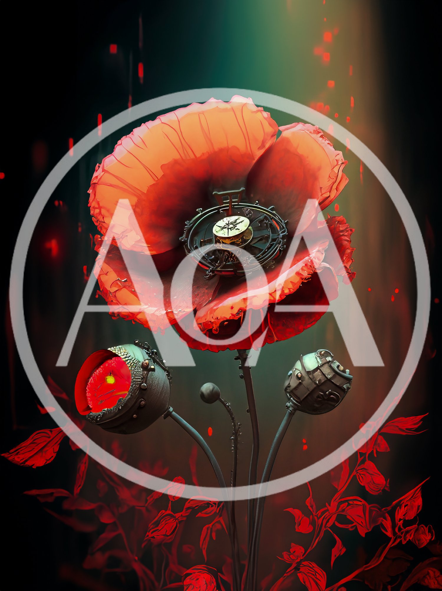 Surreal Mechanical Poppy Flower With Clockwork Center