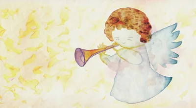 Watercolor Illustration Of A Little Angel Playing A Trumpet