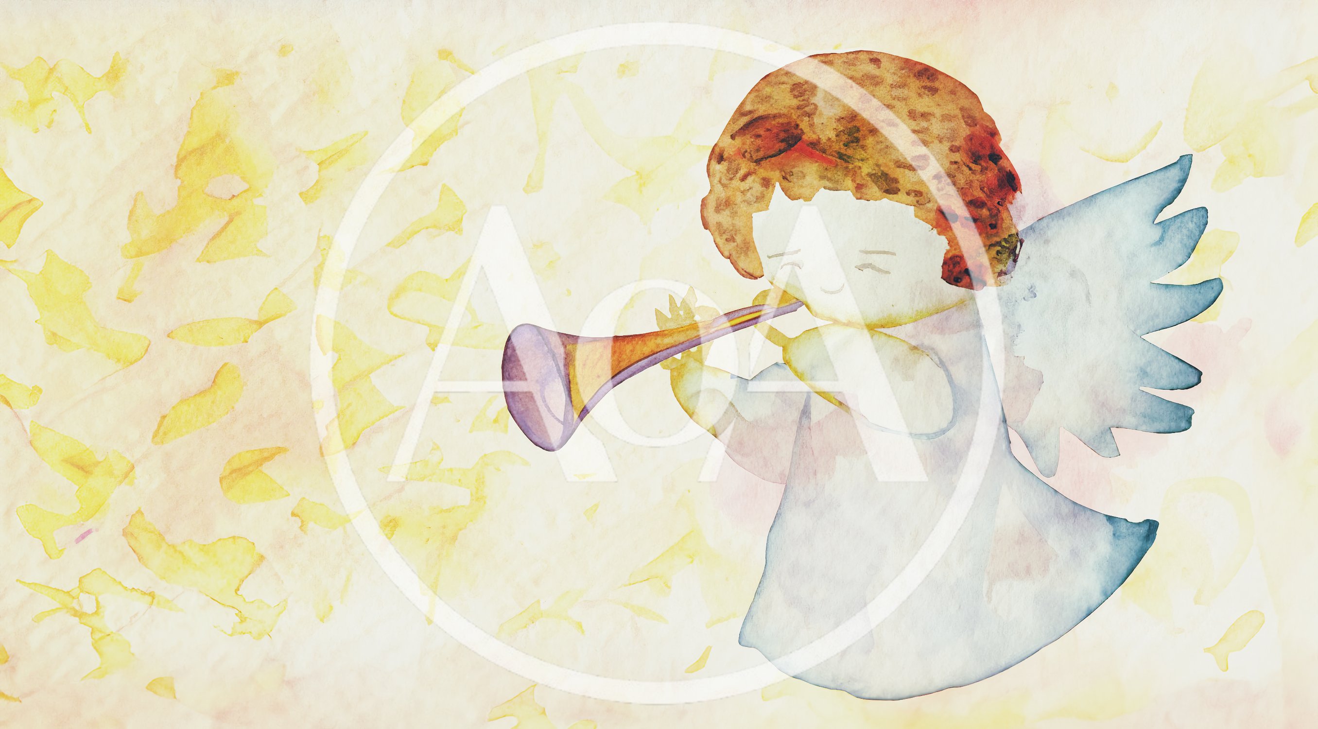 Watercolor Illustration Of A Little Angel Playing A Trumpet