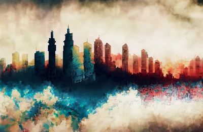 Abstract Watercolor Cityscape Silhouette Against A Stormy Sky