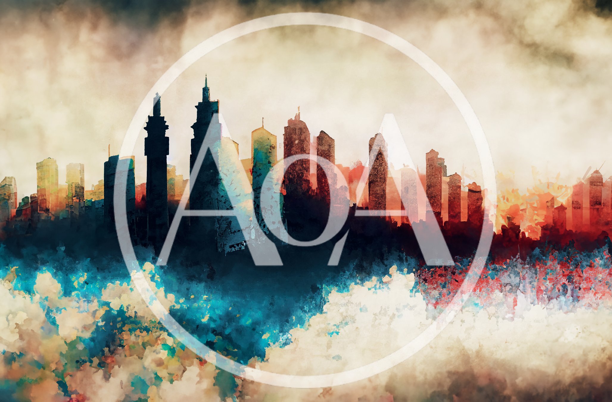 Abstract Watercolor Cityscape Silhouette Against A Stormy Sky