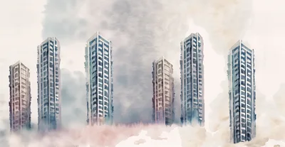 Watercolor Illustration Of Five Modern Skyscraper Buildings