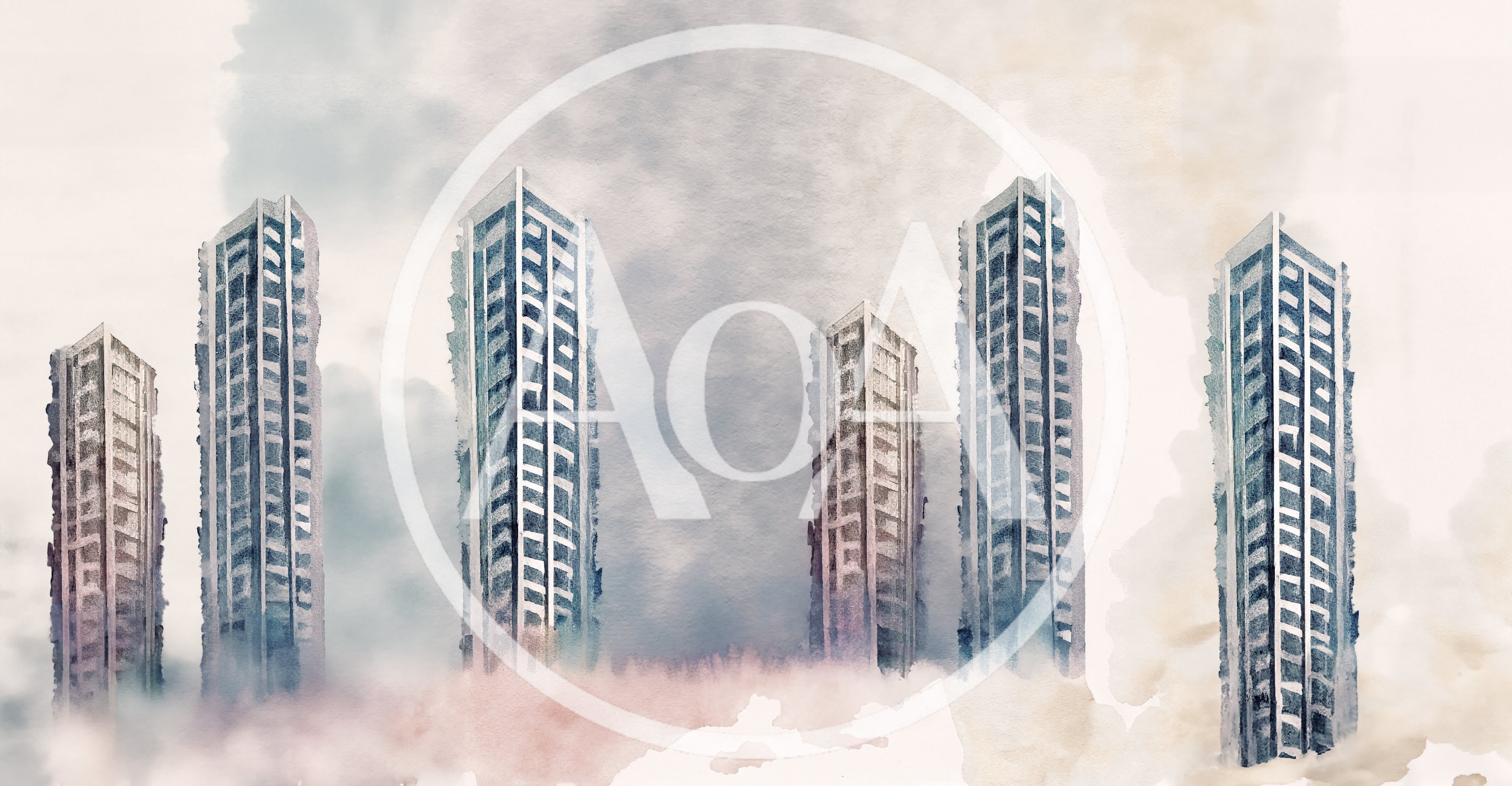 Watercolor Illustration Of Five Modern Skyscraper Buildings