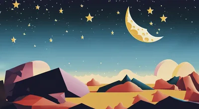 Stylized Desert Landscape Under A Crescent Moon