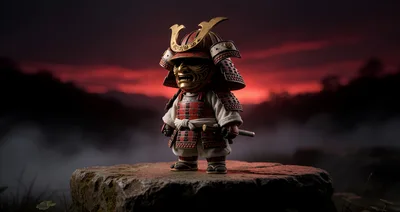 Chibi Samurai Warrior Standing On A Stone Pedestal