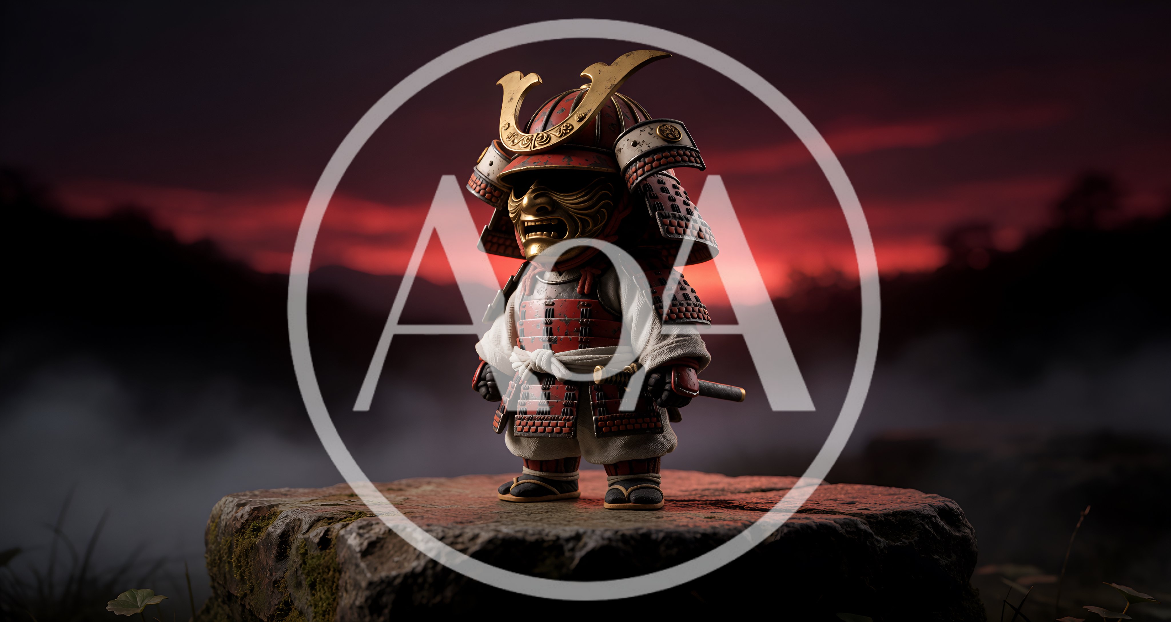 Chibi Samurai Warrior Standing On A Stone Pedestal