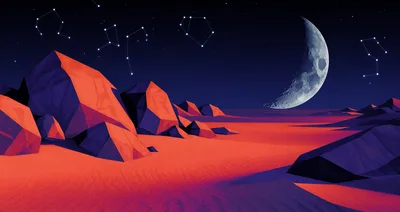 Low Poly Desert Landscape With Crescent Moon And Constellations