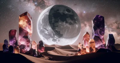 Surreal Desert Landscape With Glowing Cosmic Crystals And Moon