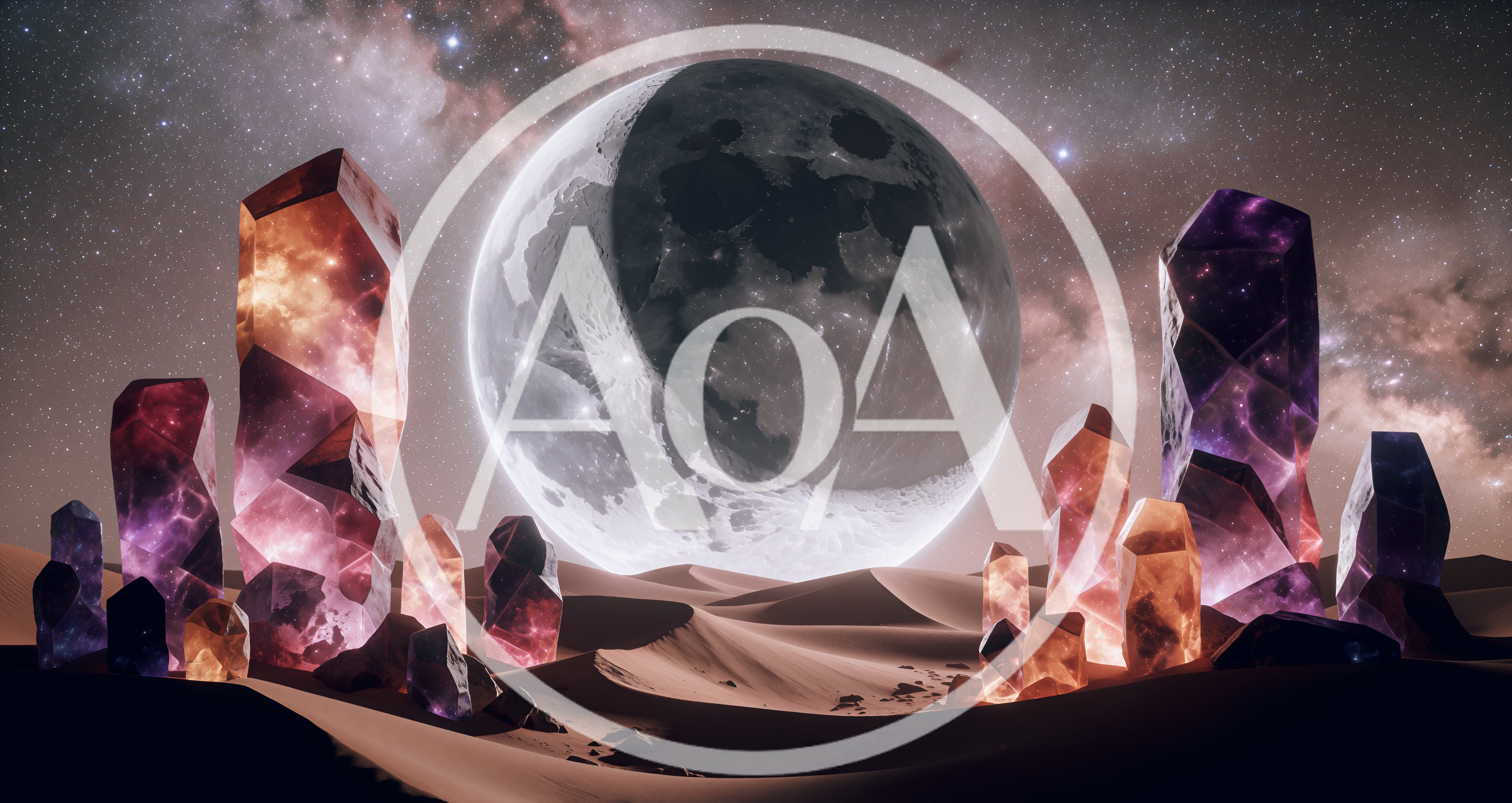 Surreal Desert Landscape With Glowing Cosmic Crystals And Moon