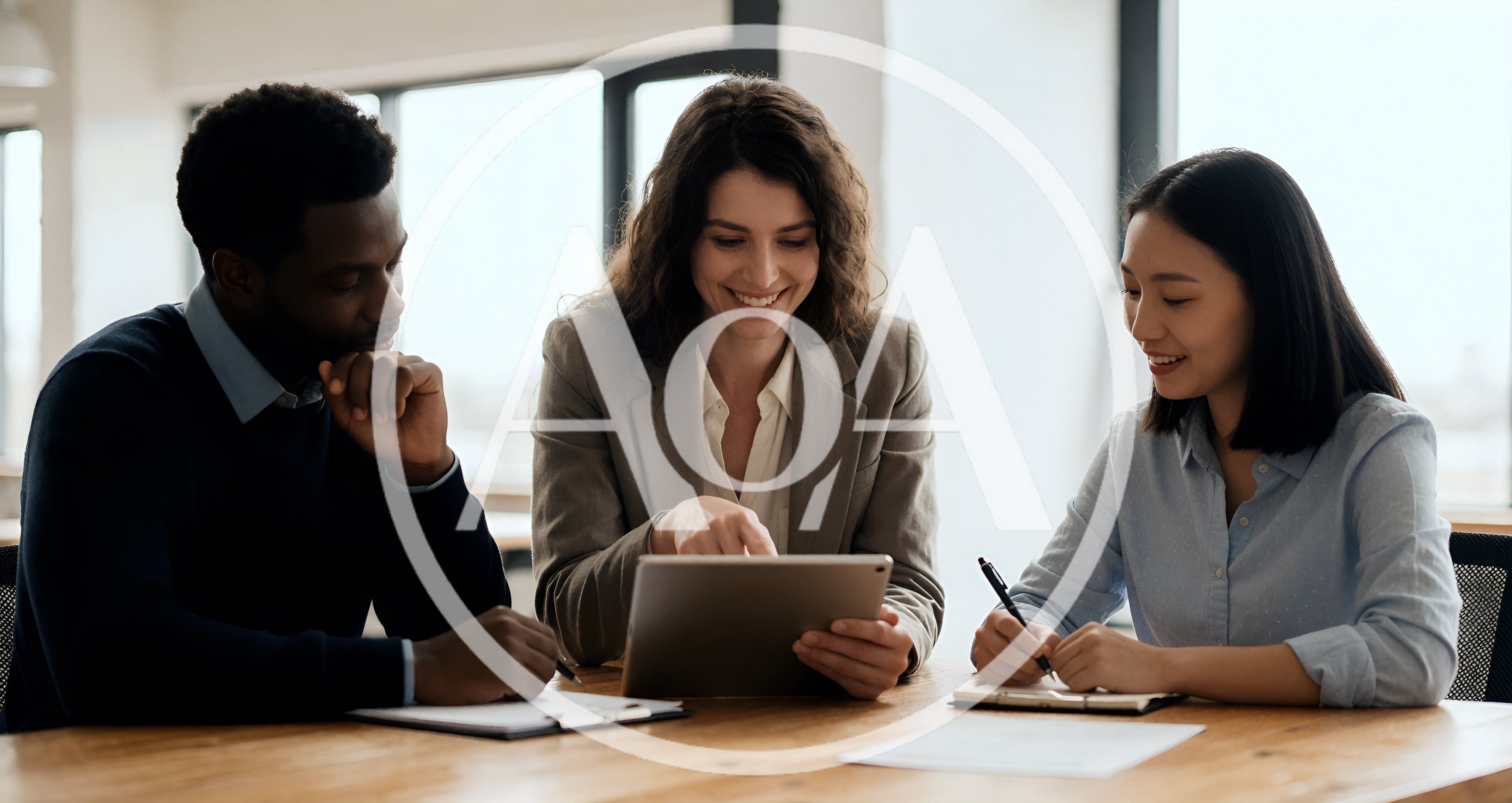 Diverse Business Team Collaborating On Tablet In Office