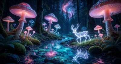 Glowing Spirit Deer in Enchanted Mushroom Forest