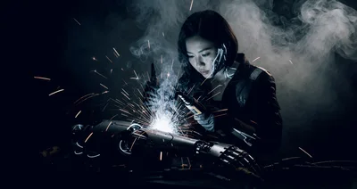 Cyborg Woman Welding A Robotic Arm In Dark Workshop
