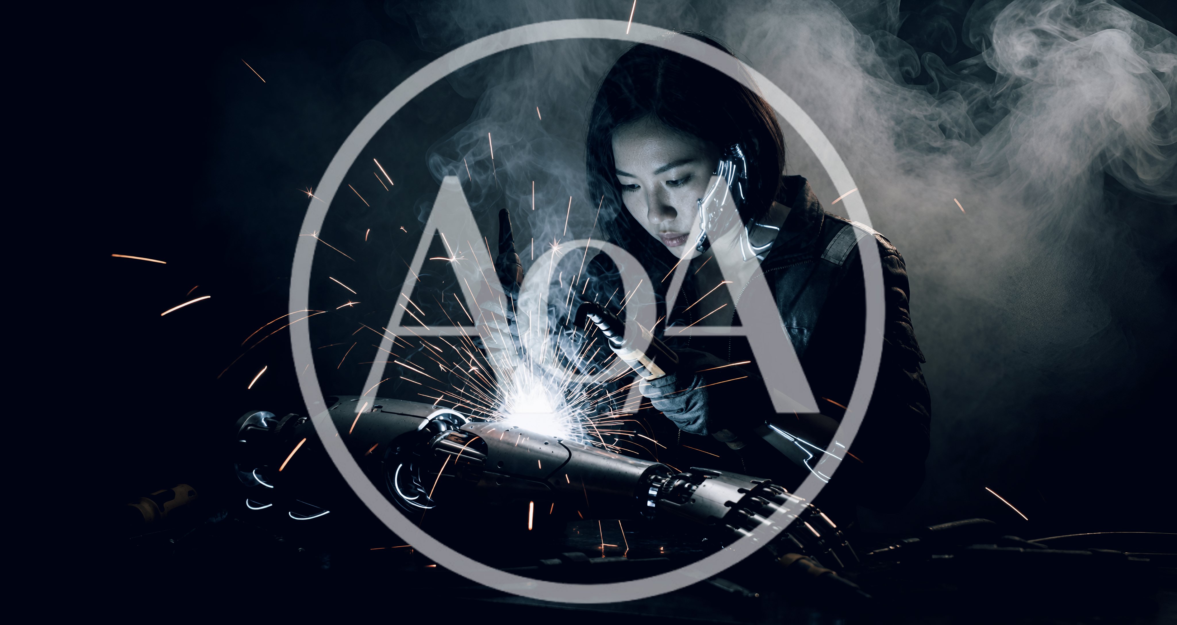 Cyborg Woman Welding A Robotic Arm In Dark Workshop