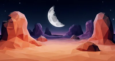 Low Poly Desert Landscape Under Crescent Moon