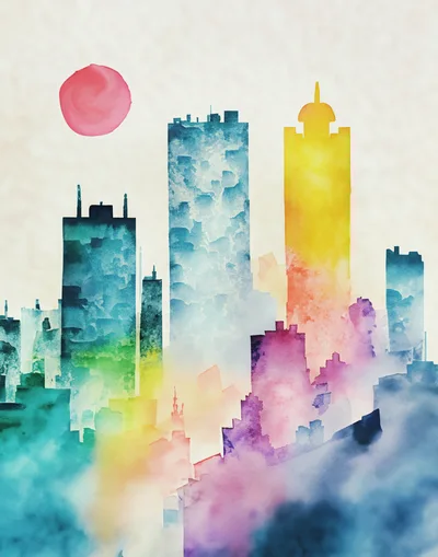 Watercolor Cityscape Illustration With Vibrant Abstract Buildings